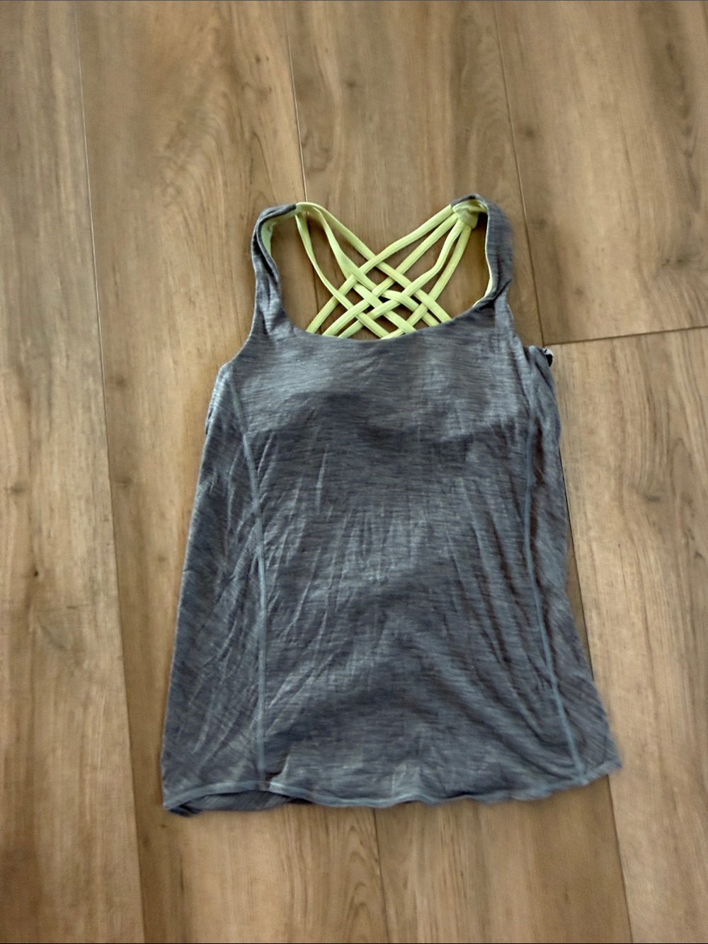 Women’s LuLu Gray Tank Top with Neon Green Strappy Back built in bra